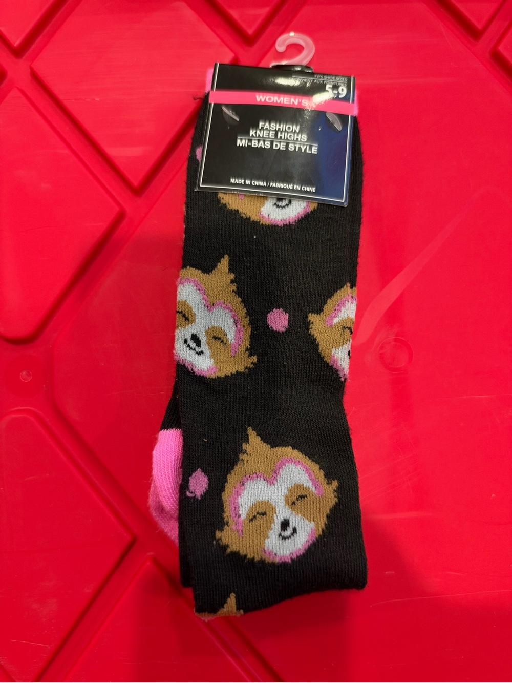 Women's Sloth Print Fashion Knee High Socks Black / Pink Size 5-9